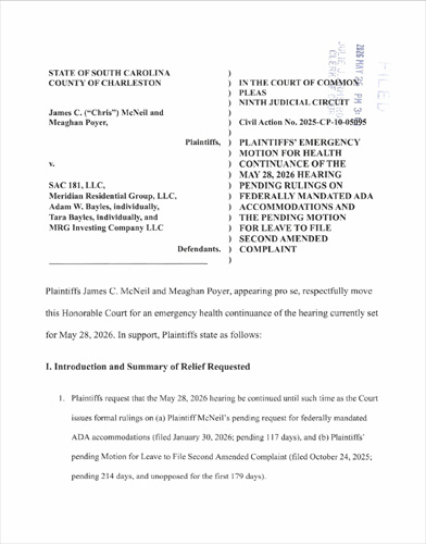 Open Letter to Charleston, SC Court of Common Pleas concerning May 28, 2026 hearing and ADA Accommodations