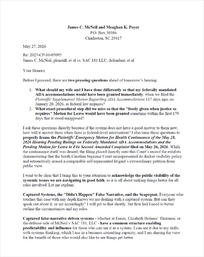 Open Letter to Charleston, SC Court of Common Pleas concerning May 28, 2026 hearing and ADA Accommodations